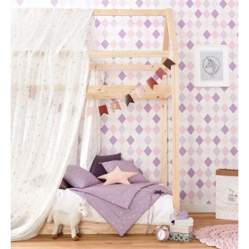 Gyerekszobai geometrikus szines rombuszminta csillagokkal fehér lila rózsaszín ezüst tapéta