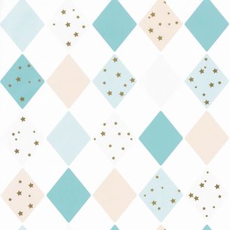 Gyerekszobai geometrikus szines rombuszminta csillagokkal fehér bézs türkiz arany tapéta