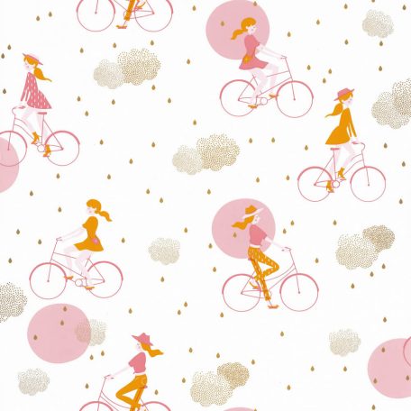 Gyerekszobai Hobby kerékpározó lányok fehér rózsaszín pink arany felhők tapéta