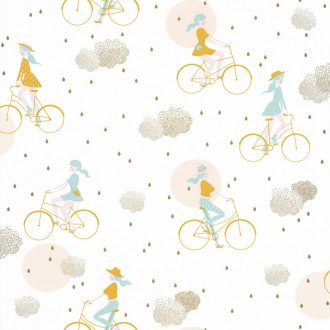  Hobby kerékpározó lányok krémfehér mentazöld sárga rózsaszín arany felhők tapéta