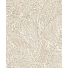   Hímzett hatású trópusi pálmalevél motívum bézs krém és fehérezüst tónus finom gyöngyházfény tapéta