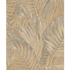   Hímzett hatású trópusi pálmalevél motívum zsályazöld/szürkészöld és barna/aranybarna tónus finom gyöngyházfény tapéta