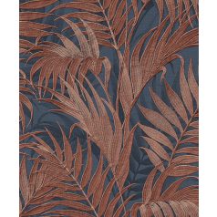   Hímzett hatású trópusi pálmalevél motívum kék sötétkék és barna/bronzbarna tónus finom gyöngyházfény tapéta