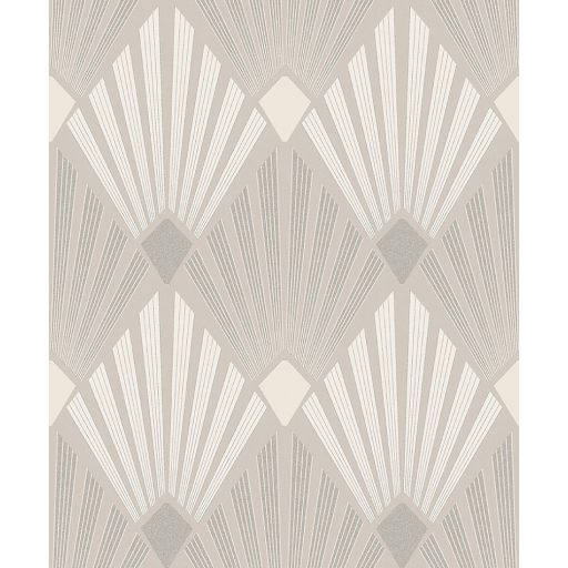 Szimmetrikusan rendezett legyezőformák Art deco mintája krémfehér bézs homokszín és gyöngyház tónus finom fény tapéta