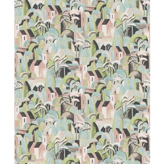   Absztrakt ábrázolású délvidéki táj falvakkal - festett művészi megjelenés fekete kékeszöld antik rózsaszín szines tapéta