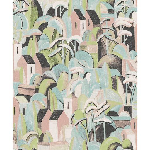 Absztrakt ábrázolású délvidéki táj falvakkal - festett művészi megjelenés fekete kékeszöld antik rózsaszín szines tapéta