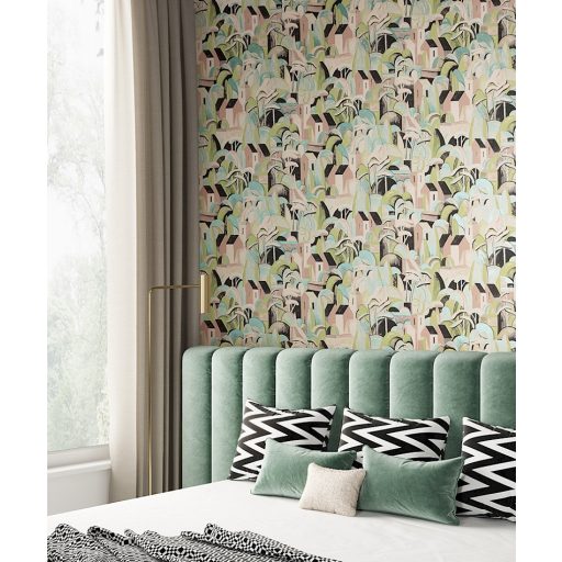 Absztrakt ábrázolású délvidéki táj falvakkal - festett művészi megjelenés fekete kékeszöld antik rózsaszín szines tapéta