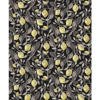   Frissítő gyümölcskúra - citromfa ágai levelei és termése fekete bronz(roségold) és citromsárga tónus fémes részletek tapéta