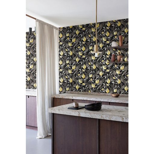 Frissítő gyümölcskúra - citromfa ágai levelei és termése fekete bronz(roségold) és citromsárga tónus fémes részletek tapéta