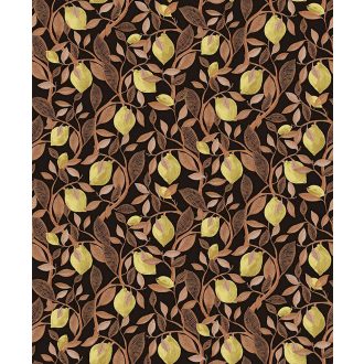   Frissítő gyümölcskúra - citromfa ágai levelei és termése fekete vörösréz és citromsárga tónus fémes részletek tapéta