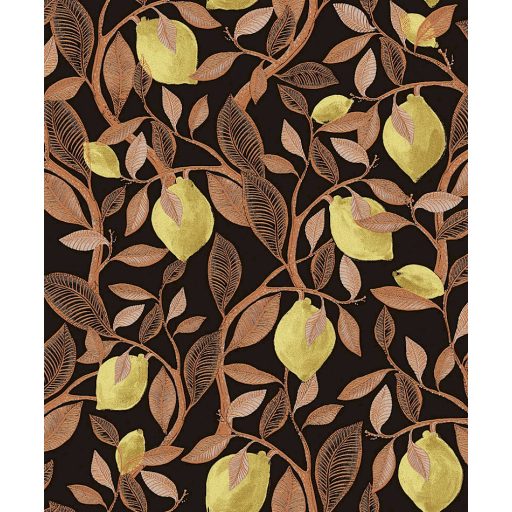 Frissítő gyümölcskúra - citromfa ágai levelei és termése fekete vörösréz és citromsárga tónus fémes részletek tapéta