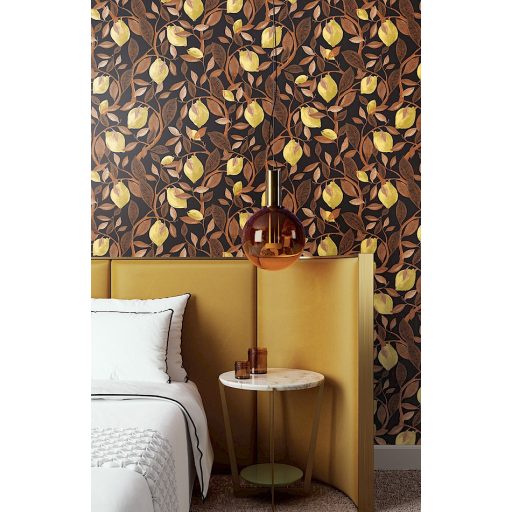 Frissítő gyümölcskúra - citromfa ágai levelei és termése fekete vörösréz és citromsárga tónus fémes részletek tapéta