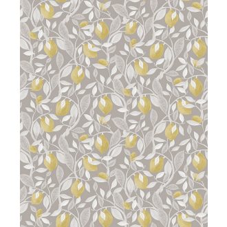   Frissítő gyümölcskúra - citromfa ágai levelei és termése szürke ezüst és citromsárga tónus fémes részletek tapéta