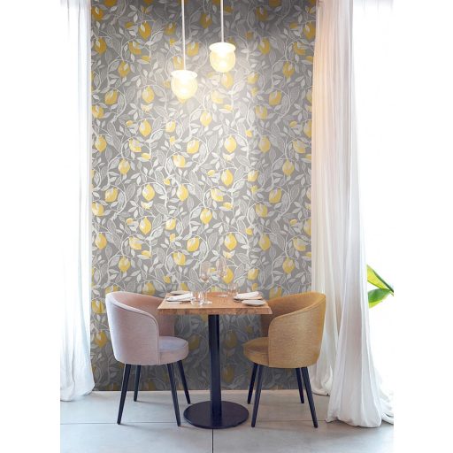 Frissítő gyümölcskúra - citromfa ágai levelei és termése szürke ezüst és citromsárga tónus fémes részletek tapéta