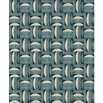   Változatos geometriai minta négyzetekbe rendezve petrol szürkésbézs és éjkék tónus fémes részletek tapéta