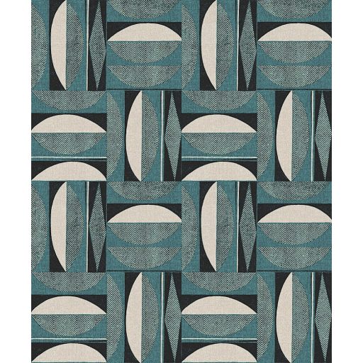 Változatos geometriai minta négyzetekbe rendezve petrol szürkésbézs és éjkék tónus fémes részletek tapéta