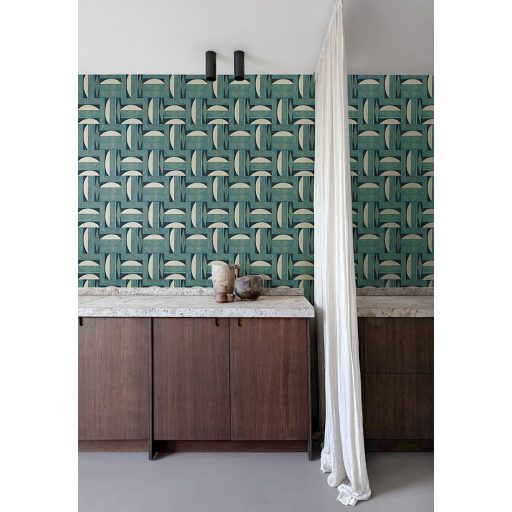 Változatos geometriai minta négyzetekbe rendezve petrol szürkésbézs és éjkék tónus fémes részletek tapéta