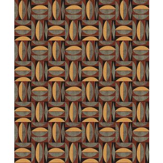   Változatos geometriai minta négyzetekbe rendezve bordó/vörösesbarna aranysárga fekete és zöldarany tónus fémes részletek tapéta