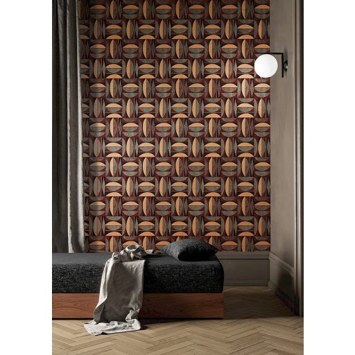 Változatos geometriai minta négyzetekbe rendezve bordó/vörösesbarna aranysárga fekete és zöldarany tónus fémes részletek tapéta