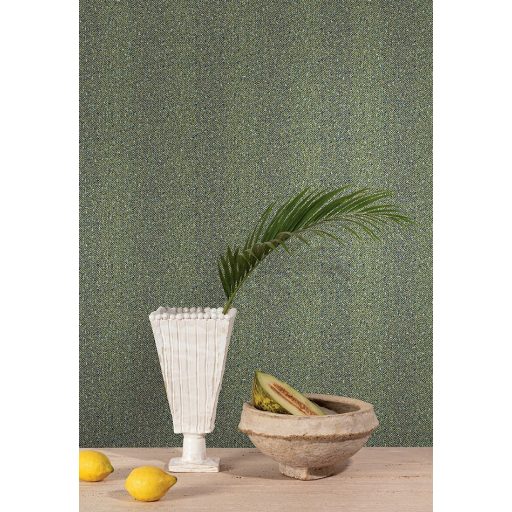 Csíkos durva szövetre emlékeztető apró cikk-cakk minta limezöld kékeszöld és fekete tónus fémes részletek tapéta