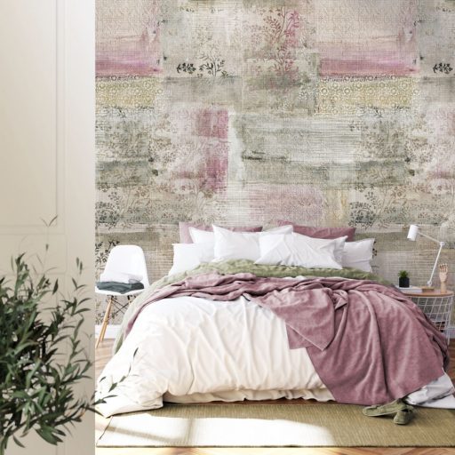 Behang Expresse Esbjerg INK7500 LE MARAIS Patchwork levélminta fehér rózsaszín zöld szines falpanel