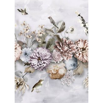   Behang Expresse Floral Utopia INK7550 COOL FLORALS Virágok növények madarak krém zöld világoskék rózsaszín lila falpanel