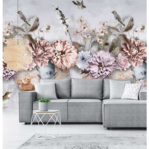 Behang Expresse Floral Utopia INK7550 COOL FLORALS Virágok növények madarak krém zöld világoskék rózsaszín lila falpanel