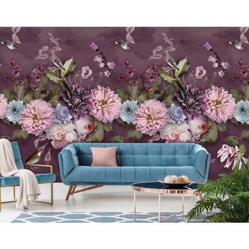 Behang Expresse Floral Utopia INK7552 MIDSUMMER DARK Virágok növények sötérlila zöld világoskék pink bíbor fehér falpanel