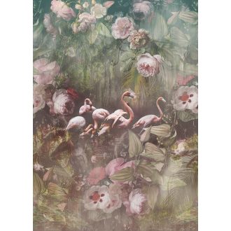   Behang Expresse Floral Utopia INK7553 FLAMINGO FOUND DARK Flamingók dús trópusi virág környezetben zöld törtfehér olívzöld pink púderrózsaszín falpanel