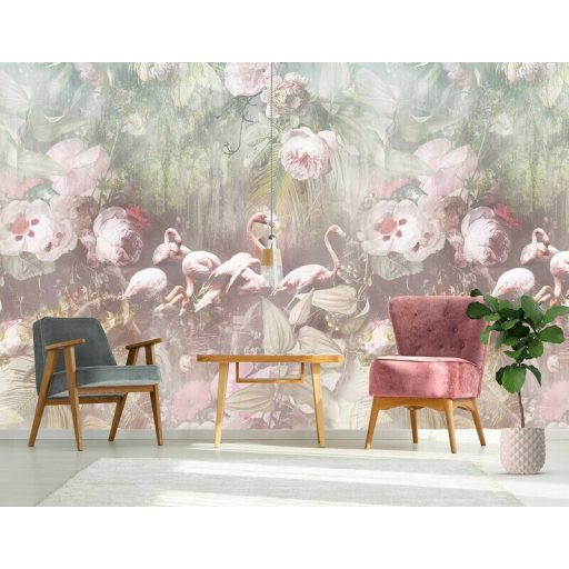 Behang Expresse Floral Utopia INK7554 FLAMINGO FOUND LIGHT Flamingók dús trópusi virág környezetben pezsgőszín zöld menta puderrózsaszín falpanel