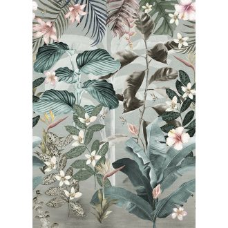  Behang Expresse Floral Utopia INK7555 MAGUFULI PETROL Natur trópusi növények virágok sötétzöld puderrózsaszín fehér sárga falpanel