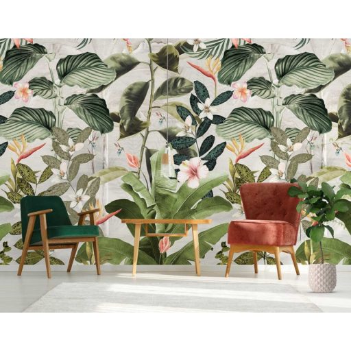 Behang Expresse Floral Utopia INK7556 MAGUFULI GREEN Natur trópusi növények virágok pezsgőszín zöld sötétzöld korall terra falpanel