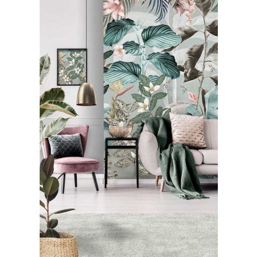 Behang Expresse Floral Utopia INK7555 MAGUFULI PETROL Natur trópusi növények virágok sötétzöld puderrózsaszín fehér sárga falpanel