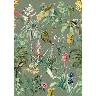   Behang Expresse Floral Utopia INK7557 TROPICAL WINTER "tél" a trópusokon életkép Art Deco háttéren zöld sötétzöld menta sárga terra falpanel