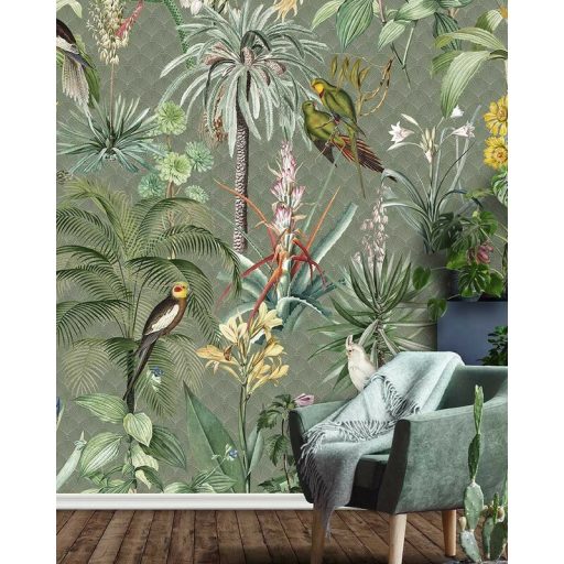Behang Expresse Floral Utopia INK7557 TROPICAL WINTER "tél" a trópusokon életkép Art Deco háttéren zöld sötétzöld menta sárga terra falpanel