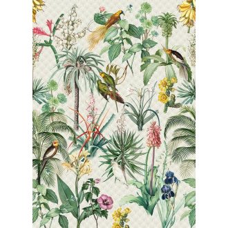   Behang Expresse Floral Utopia INK7558 TROPICAL MORNING reggel a trópusokon életkép Art Deco háttéren zöld sötétzöld okkersárga olívzöld fehér falpanel
