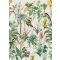 Behang Expresse Floral Utopia INK7558 TROPICAL MORNING reggel a trópusokon életkép Art Deco háttéren zöld sötétzöld okkersárga olívzöld fehér falpanel