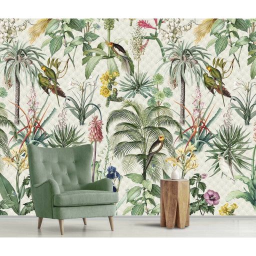 Behang Expresse Floral Utopia INK7558 TROPICAL MORNING reggel a trópusokon életkép Art Deco háttéren zöld sötétzöld okkersárga olívzöld fehér falpanel