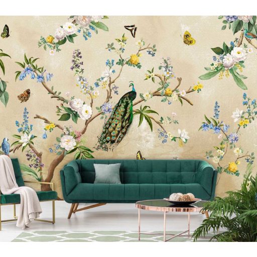 Behang Expresse Floral Utopia INK7559 SECRET GARDEN Natur virágok madarak bézs sárga szines falpanel