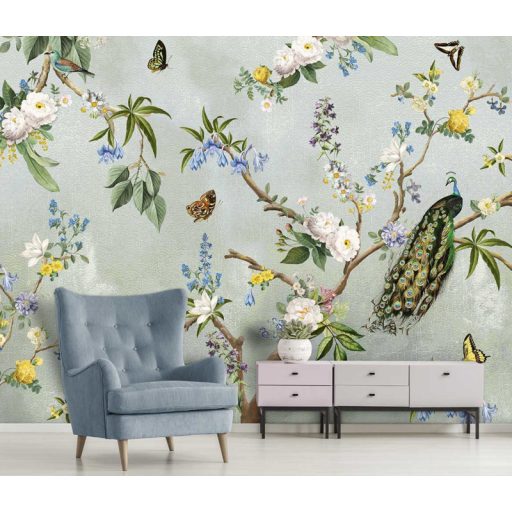 Behang Expresse Floral Utopia INK7560 SECRET GARDEN TURQUOISE Natur virágok madarak világoskék kék sárga falpanel