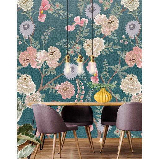 Behang Expresse Floral Utopia INK7561 TEA GARDEN ROMANCE Natur virágba borult teafák világoskék petrol lila rózsaszín fehér falpanel