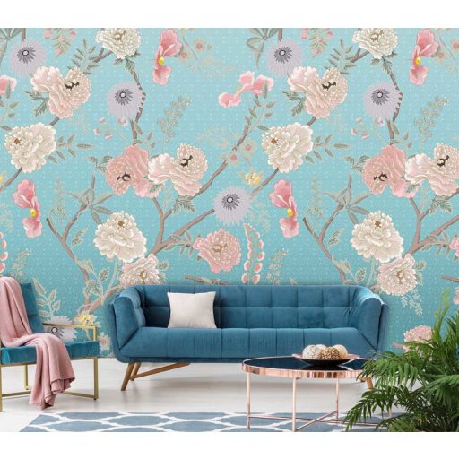 Behang Expresse Floral Utopia INK7562 TEA GARDEN AFTERNOON Natur virágba borult teafák világoskék lila rózsaszín fehér falpanel
