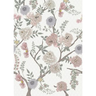   Behang Expresse Floral Utopia INK7563 TEA GARDEN SUNRISE Natur virágba borult teafák fehér sárga szürke világoskék lila rózsaszín falpanel