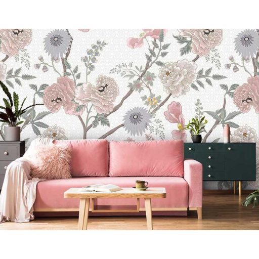 Behang Expresse Floral Utopia INK7563 TEA GARDEN SUNRISE Natur virágba borult teafák fehér sárga szürke világoskék lila rózsaszín falpanel