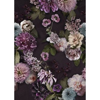   Behang Expresse Floral Utopia INK7565  MAUVE AFTERNOON Natur virágos felnagyított virágok-rózsák barna zöld világoskék rózsaszín mályva falpanel