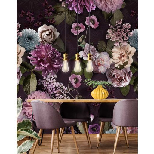 Behang Expresse Floral Utopia INK7565  MAUVE AFTERNOON Natur virágos felnagyított virágok-rózsák barna zöld világoskék rózsaszín mályva falpanel