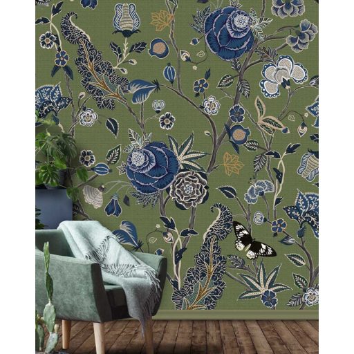 Behang Expresse Floral Utopia INK7570 POMEGRANATE MOSS Organikus gránátalma virágzás mohazöld kék szürke fekete fehér lila falpanel