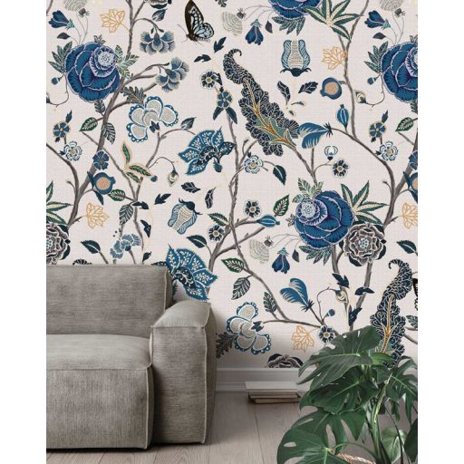 Behang Expresse Floral Utopia INK7571 POMEGRANATE BLUE Organikus gránátalma virágzás fehér kék zöld szürke barna lia falpanel