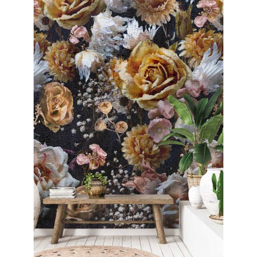 Behang Expresse Floral Utopia INK7572 LUSH HERITAGE DARK Virágos Buja virágörökség fekete sárga rózsaszín fehér falpanel