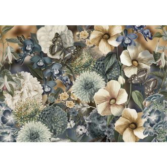   Behang Expresse Floral Utopia INK7576 EDEN BLUES Virágos az éden virágpompája pillangókkal bézs világoskék kék barna falpanel